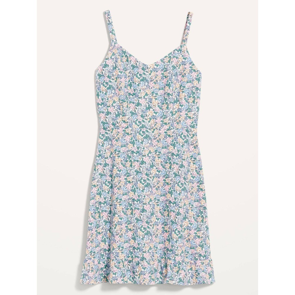 Old Navy Ditsy Floral Mini Dress M Linen Blend Cottagecore Smocked Fit & Flare - Picture 2 of 11